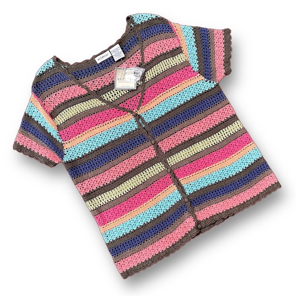 Vintage NWT Multicolor Crochet Stripe Cardigan - Pink/Blue/Green